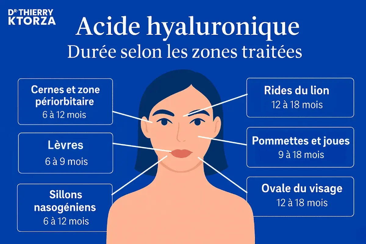 Infographie sur la durée des effets de l'acide hyaluronique selon les zones traitées : cernes, lèvres, rides, pommettes, ovale du visage. Un bienfait pour la peau.