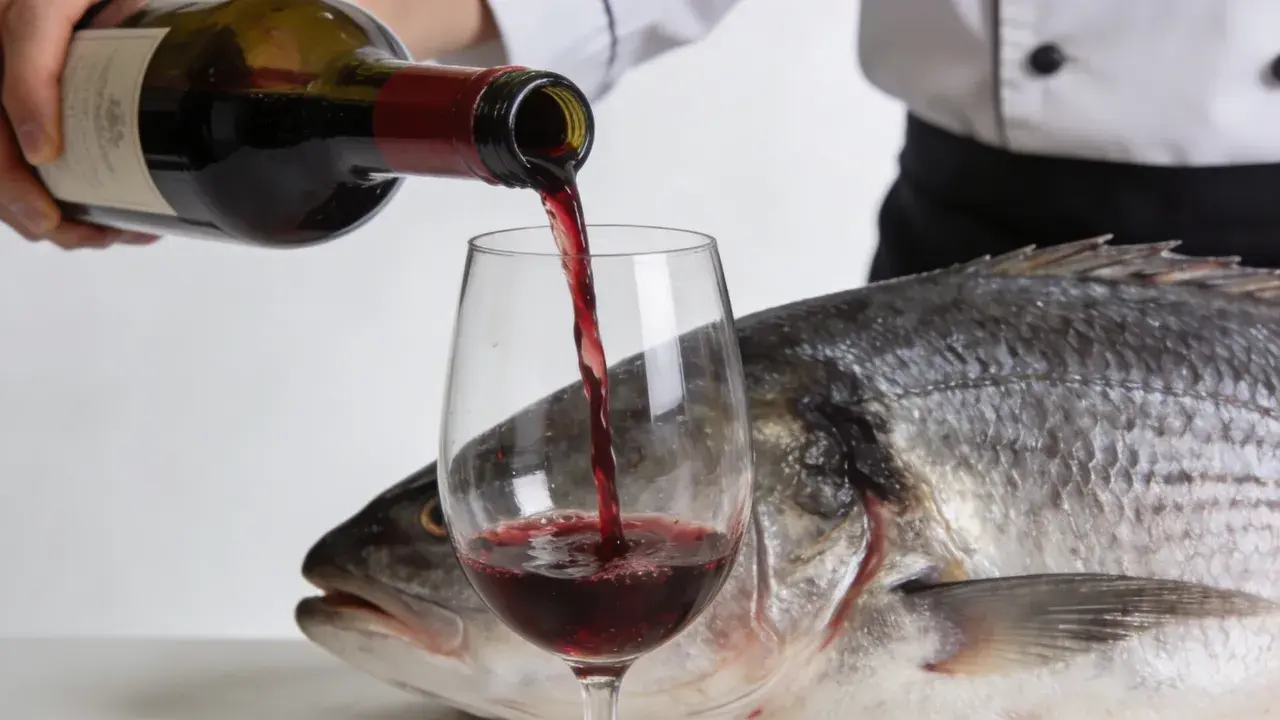 Un chef verse du vin rouge dans un verre, à côté d'un poisson entier. Une question se pose : quel vin rouge avec du poisson ?