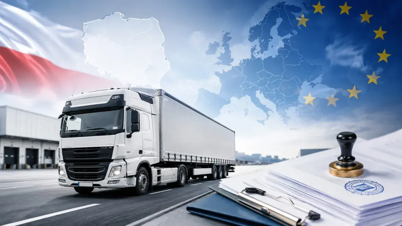 Ciężarówka na tle mapy Polski i Europy, symbolizująca transport międzynarodowy i licencję transportową.