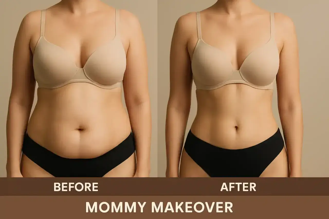 Före- och efterbilder av en mommy makeover. Bilden visar en kropp före och efter ingreppet, med texten "MOMMY MAKEOVER" och "RISKER" synlig.