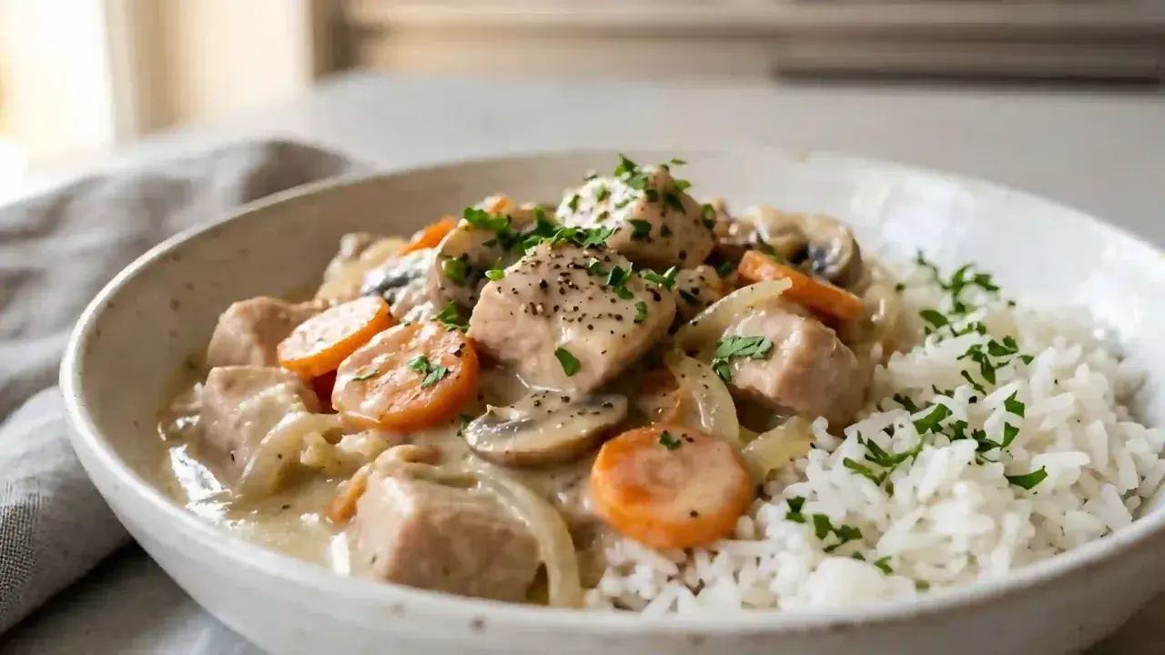 Un réconfortant blanquette de dinde avec des carottes, champignons et oignons, servi avec du riz blanc et garni de persil frais.