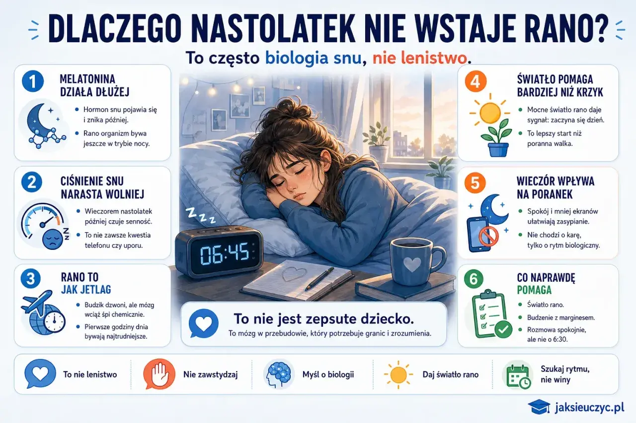Ilustracja wyjaśnia problemy nastolatków z porannym wstawaniem, podkreślając biologię snu, a nie lenistwo. Pokazuje śpiącą nastolatkę i punkty dotyczące melatoniny, ciśnienia snu, rytmu dobowego i wpływu światła.