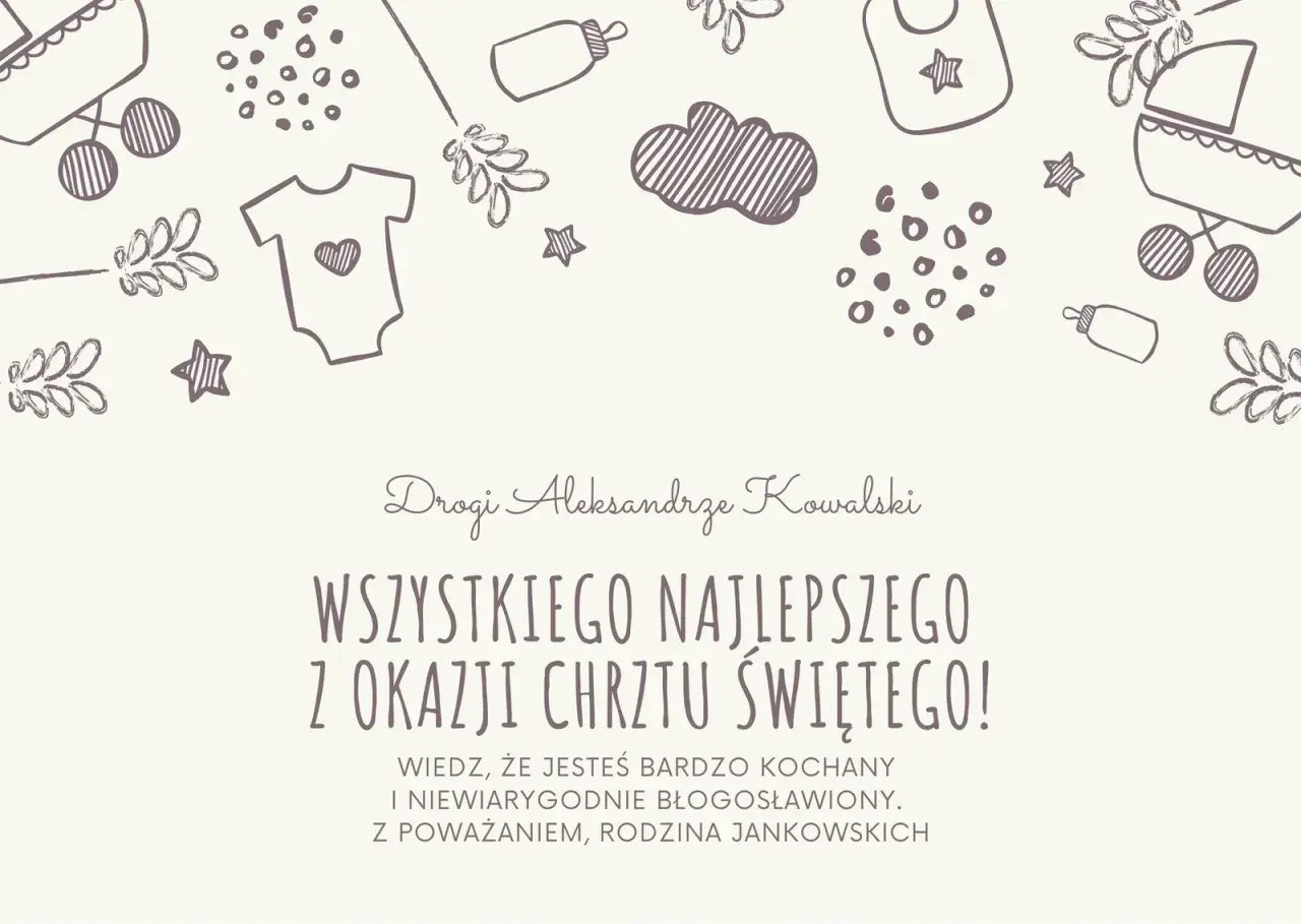 Urocze życzenia na chrzest dla Aleksandra Kowalskiego. Rysunki wózków, ubranek i gwiazdek tworzą ciepłą atmosferę.