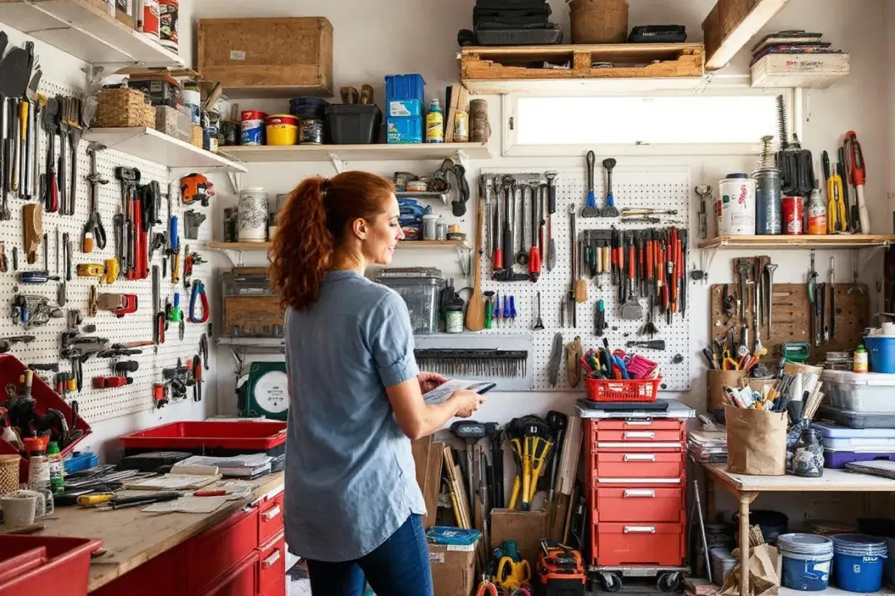 Une femme organise son garage avec une astuce rangement outils garage : tout est accroché sur des panneaux perforés.