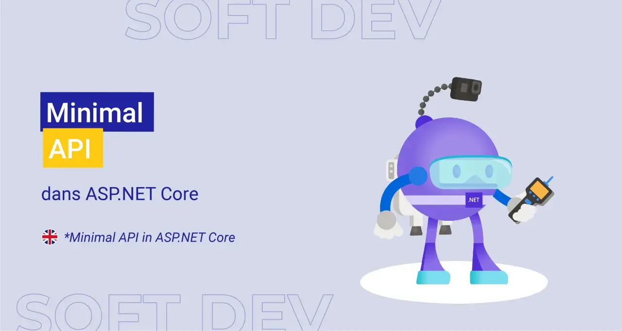 Un personnage violet avec un masque de plongée et un appareil .NET, explorant le monde de la Minimal API dans ASP.NET Core.
