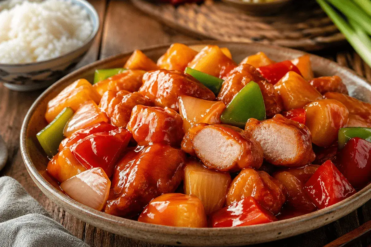 Sabroso cerdo agridulce con trozos de piña, pimientos y cebolla en una salsa brillante.