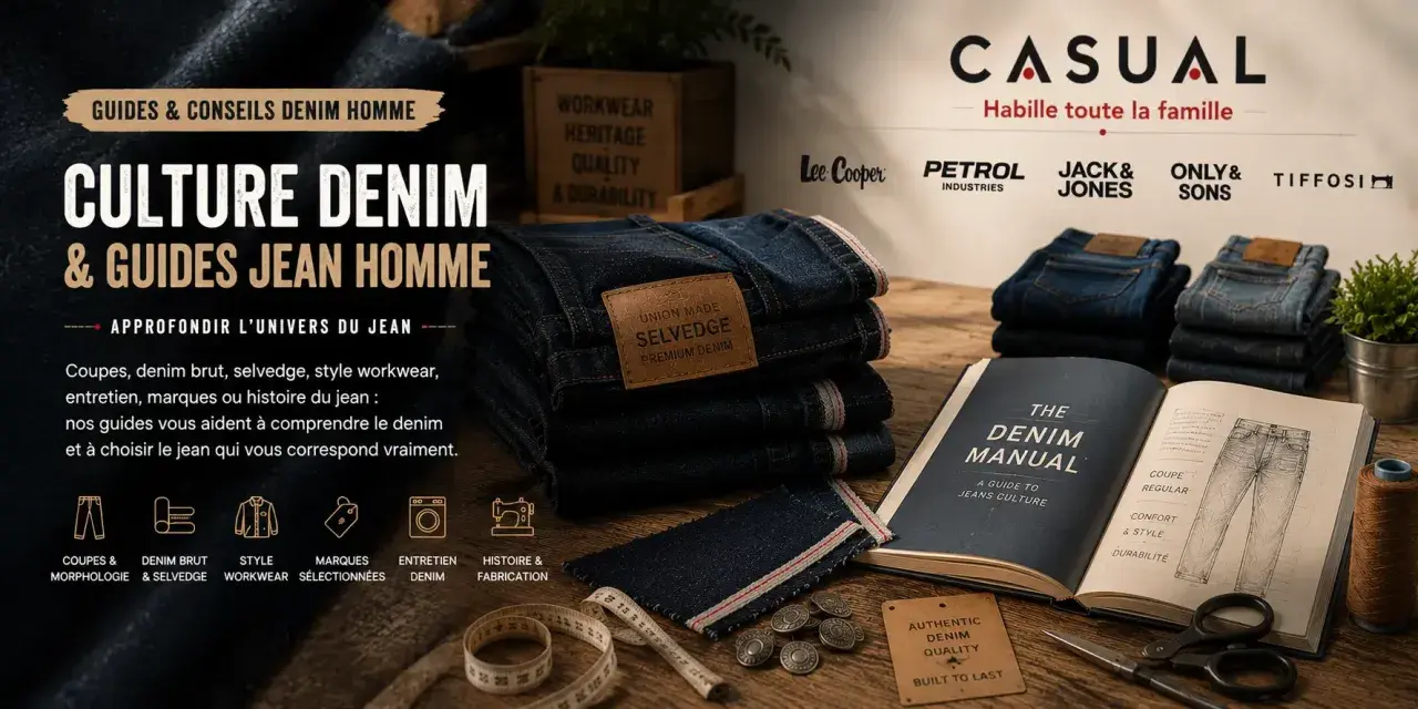Guides sur la culture denim et le jean homme, avec des piles de jeans bleus foncés et un manuel sur le denim.