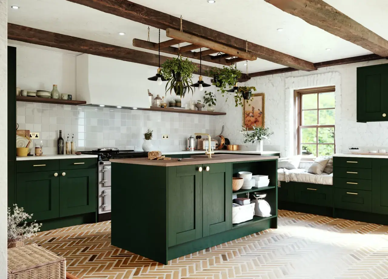 A rustic DIY kitchen remodel cost is managed with dark green cabinets, exposed beams, and a herringbone floor.