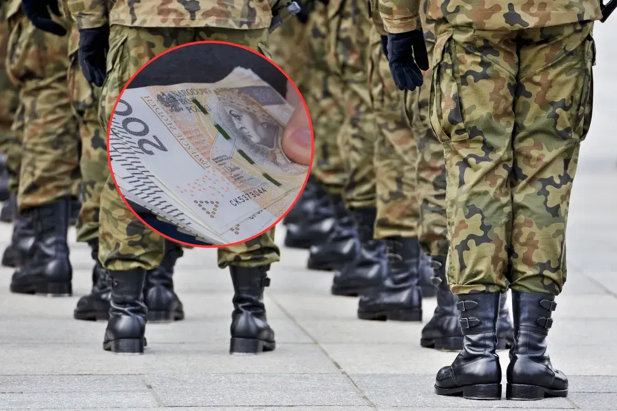 Żołnierze w mundurach, w tle stos banknotów 200 zł. Czy to zapowiedź podwyżki dla wojska w 2026 roku?