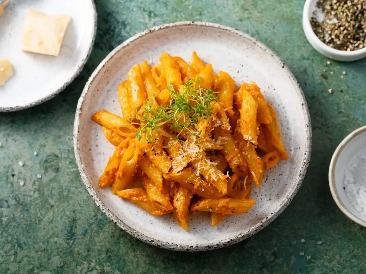 Penne z aromatycznym, czerwonym pesto, posypane parmezanem i świeżymi ziołami. Obok miseczka z solą i pieprzem.