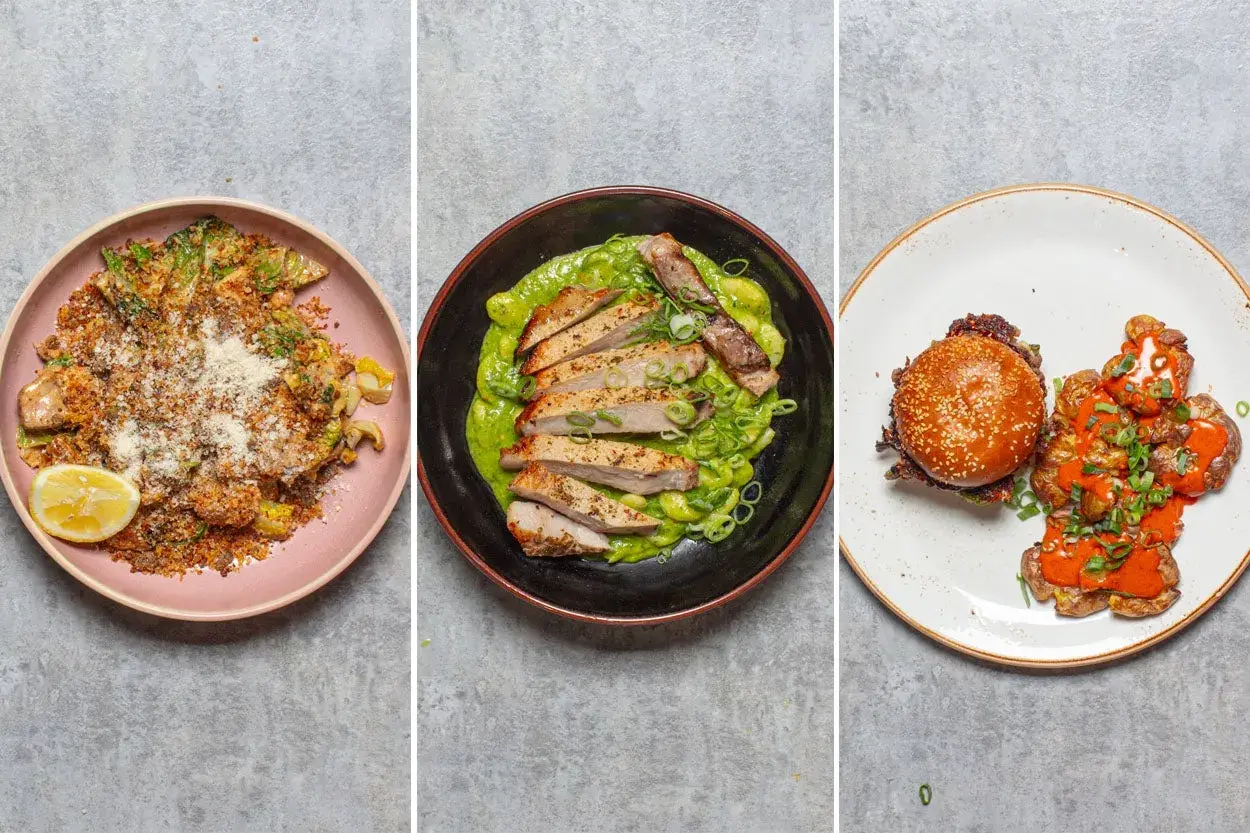 Festival food shopping list inspiration: crispy chicken with green sauce, a burger with smashed potatoes, and a pasta dish with lemon.
