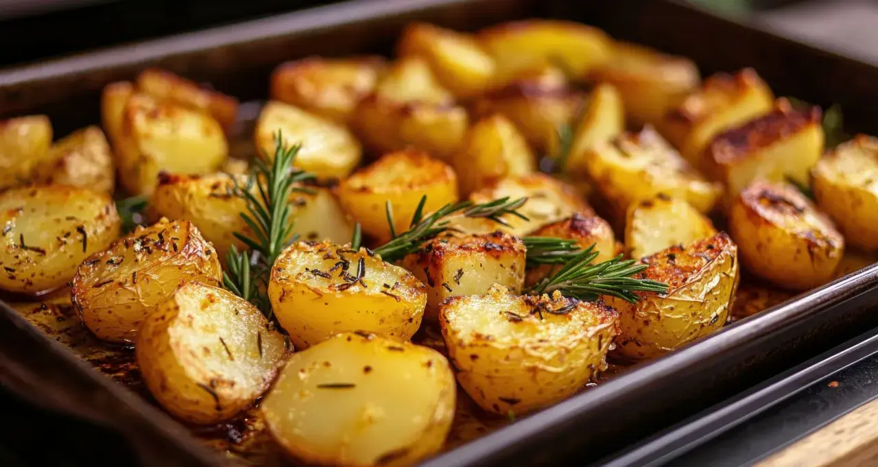 Goldbraune, knusprige Ofenkartoffeln mit Schale und Rosmarin auf einem Blech.