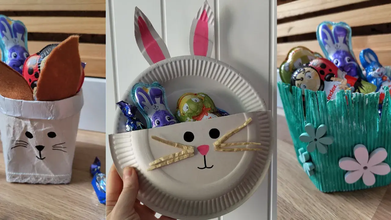 Drei süße Ideen zum Osternest basteln mit Kindern: ein Hasenbecher, ein Teller-Osterhase und ein grüner Osterkorb, gefüllt mit Schokohasen.