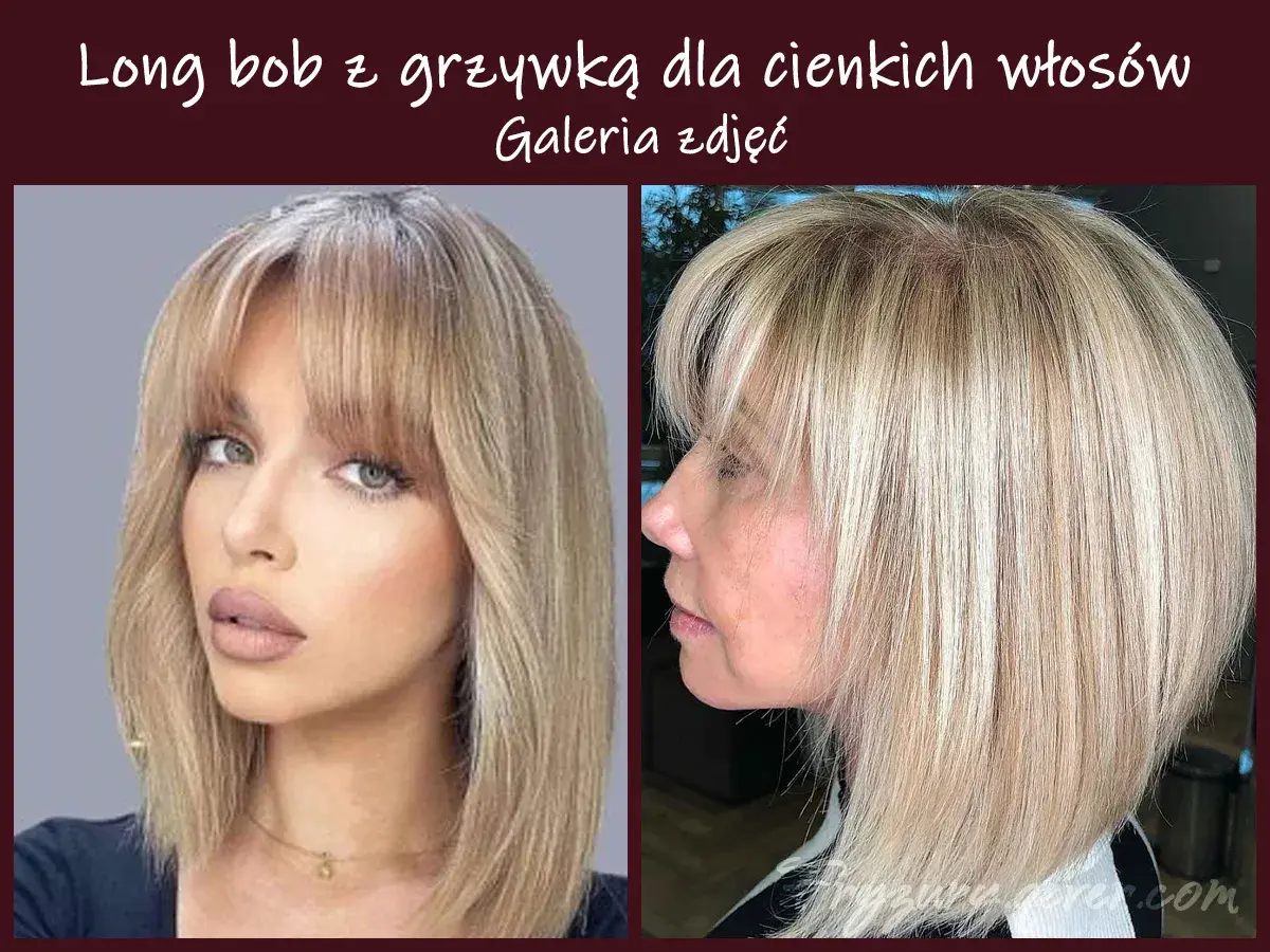 Dwie kobiety prezentują modną fryzurę: long bob z grzywką na boki, idealną dla cienkich włosów.