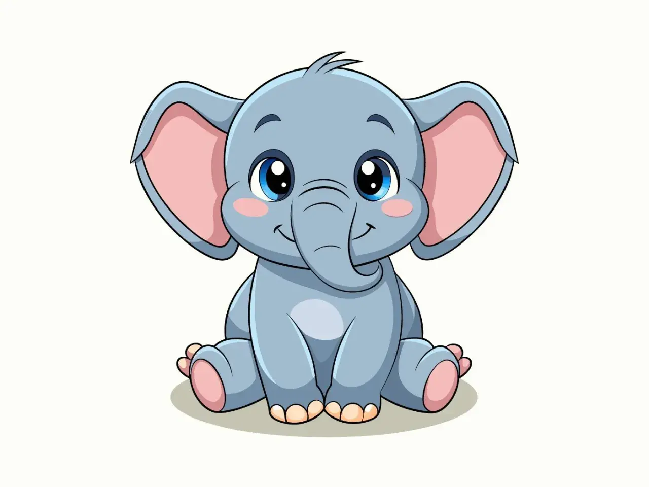 Elefante bebé azul, con grandes orejas rosadas y ojos brillantes. Ideal para copias para niños de 7 a 8 años.
