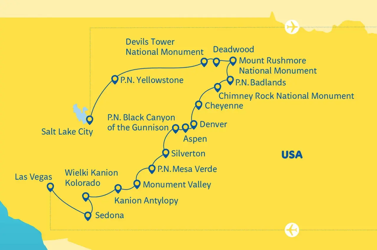 Mapa USA z zaznaczonymi trasami i atrakcjami, w tym parki narodowe USA, jak Yellowstone i Wielki Kanion Kolorado.