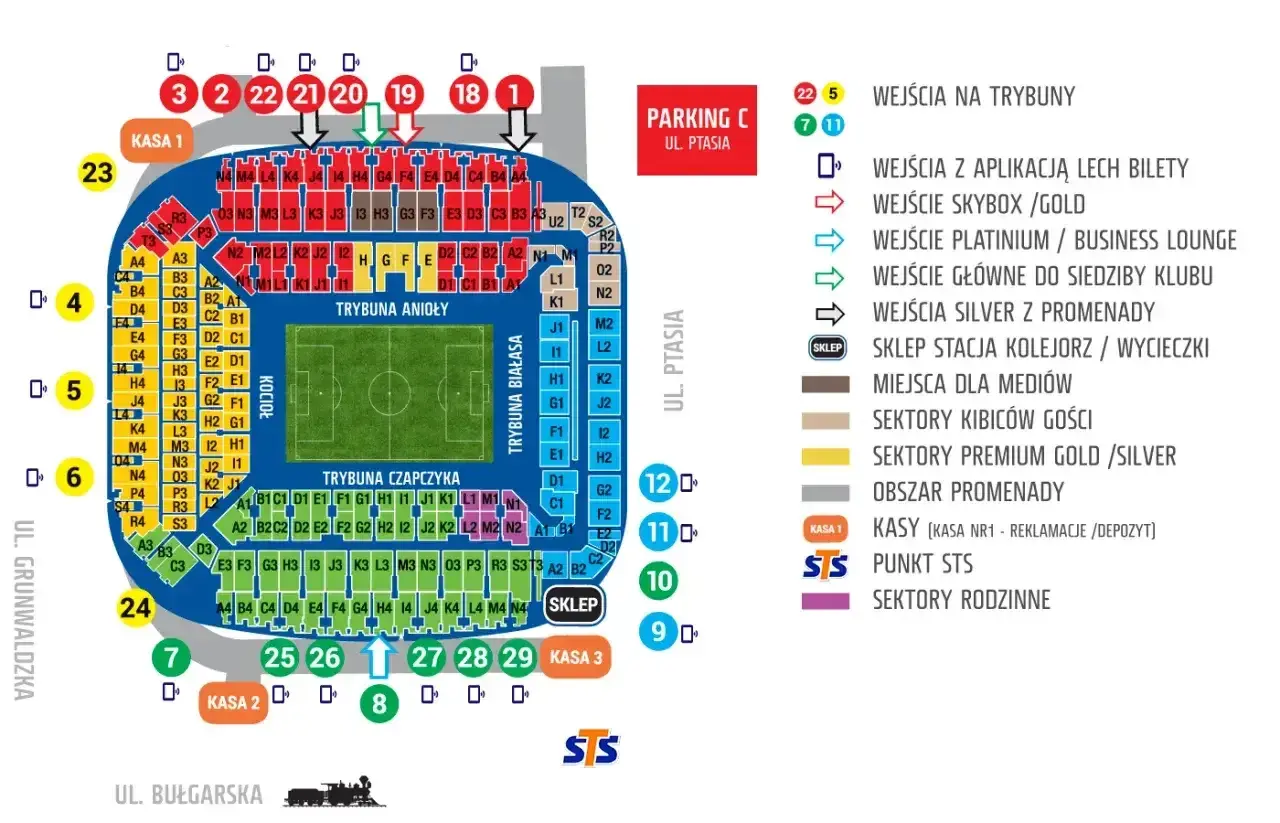 Schemat stadionu Lecha Poznań z podziałem na sektory, wejścia i kasy. Informacje o **lech poznań bilety cennik** znajdziesz na mapie.
