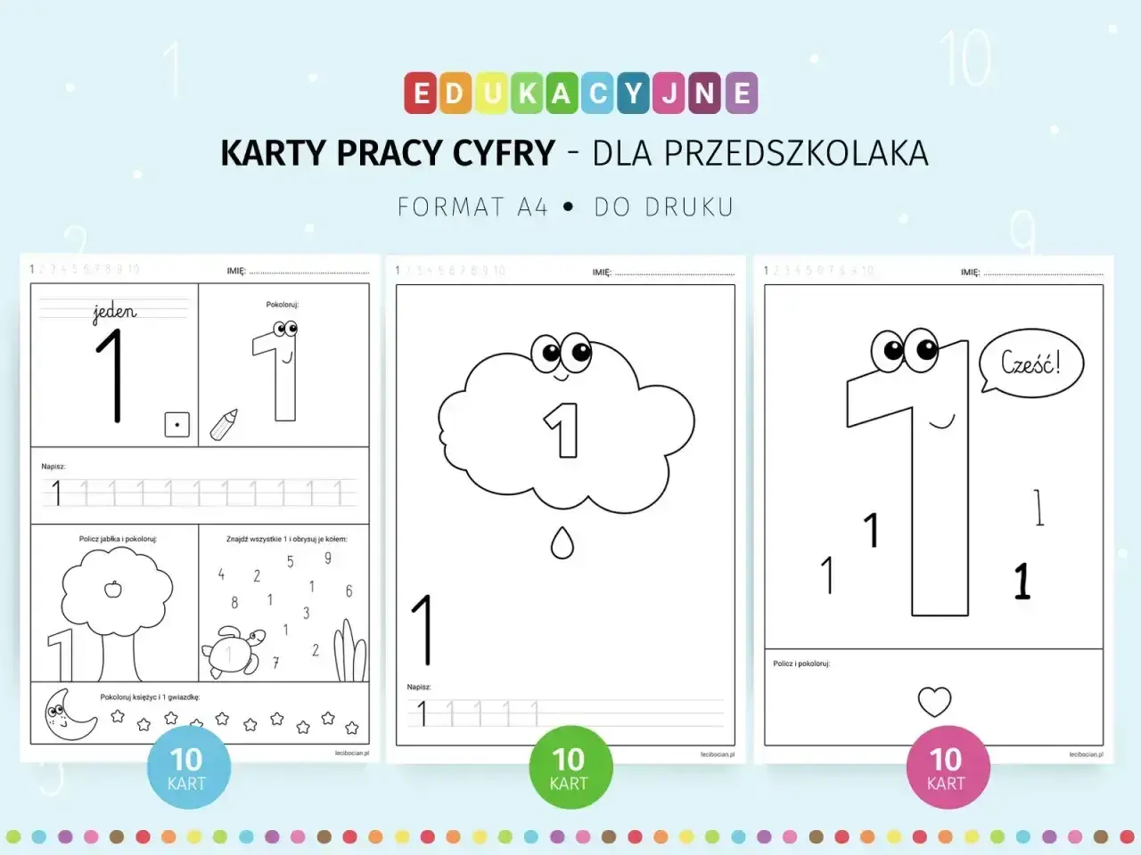 Karty pracy do nauki cyfry 1 dla przedszkolaka. Zawierają ćwiczenia z pisania, kolorowania i liczenia.