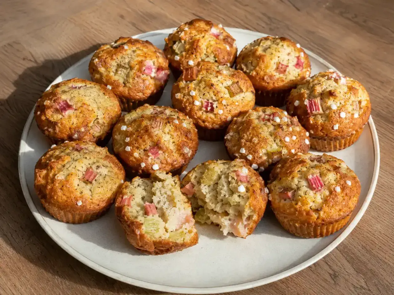 Fredriks rabarbermuffins, gyllene och toppade med pärlsocker, ser ljuvliga ut. En muffin är uppdelad och visar saftig rabarber.