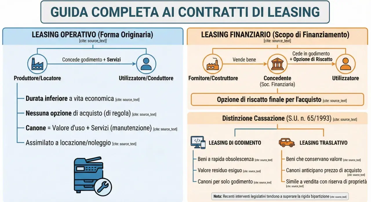Guida completa ai contratti di leasing: operativo e finanziario, come funziona, con distinzione tra leasing di godimento e traslativo.