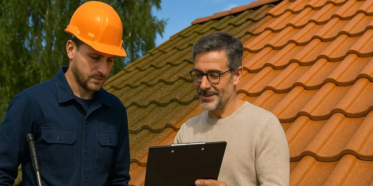 Deux hommes discutent sur un toit. L'un porte un casque orange. Ils examinent un document, peut-être pour le prix d'entretien de toiture.