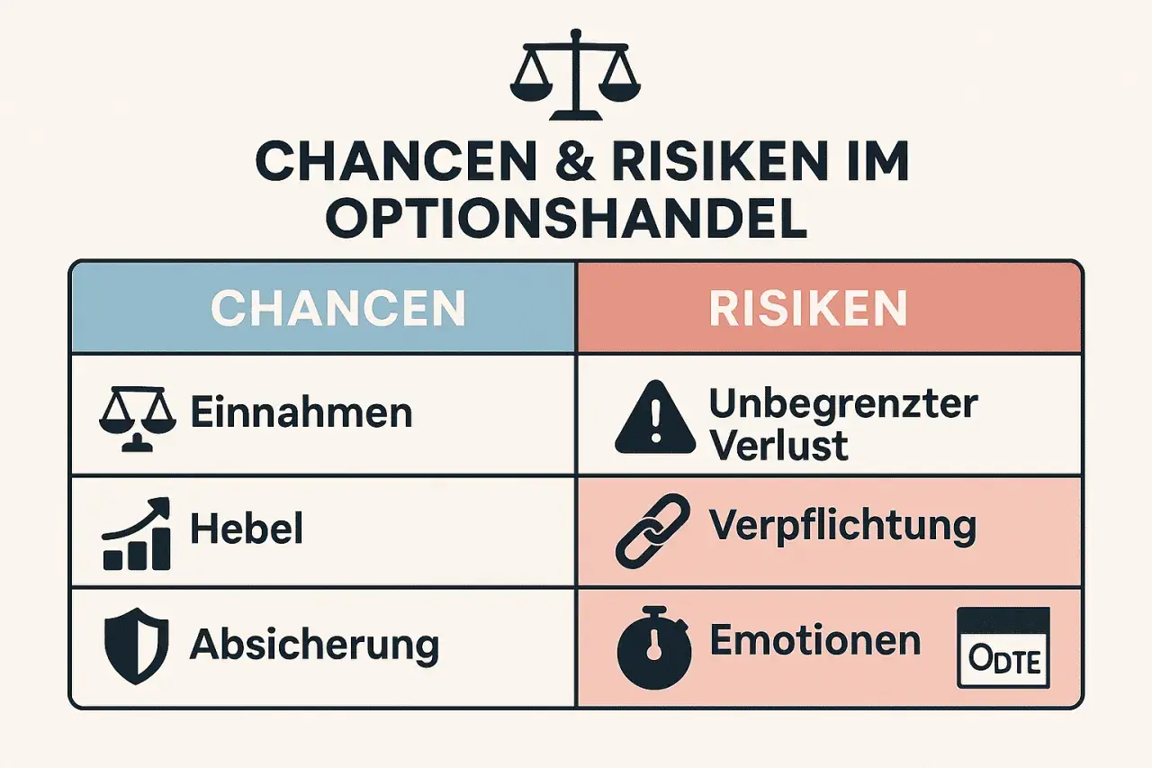 Chancen & Risiken im Optionshandel: Einnahmen, Hebel, Absicherung vs. unbegrenzter Verlust, Verpflichtung, Emotionen.