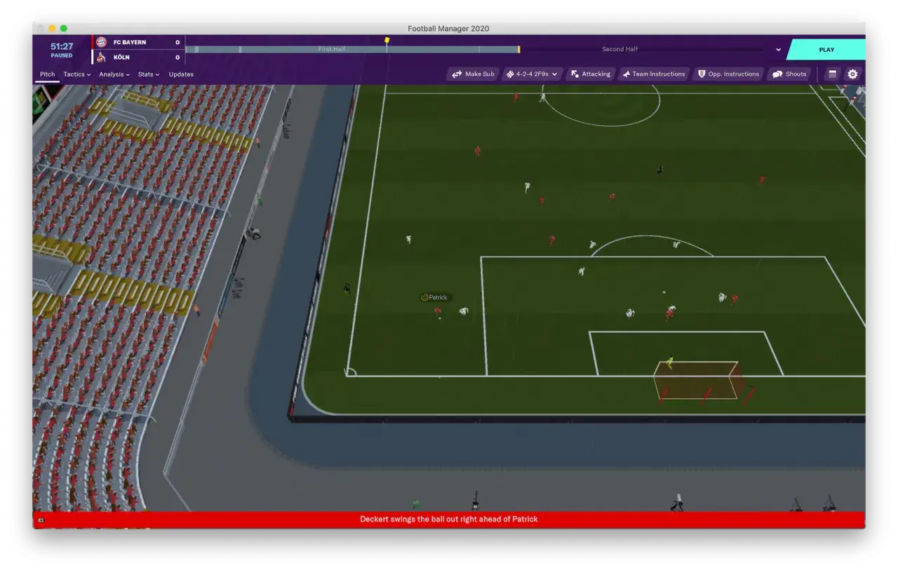 Mecz Football Manager 2020, FC Bayern vs Köln. Patrick jest blisko piłki, gdy Deckert ją wykopuje. Formacja 4-2-4.