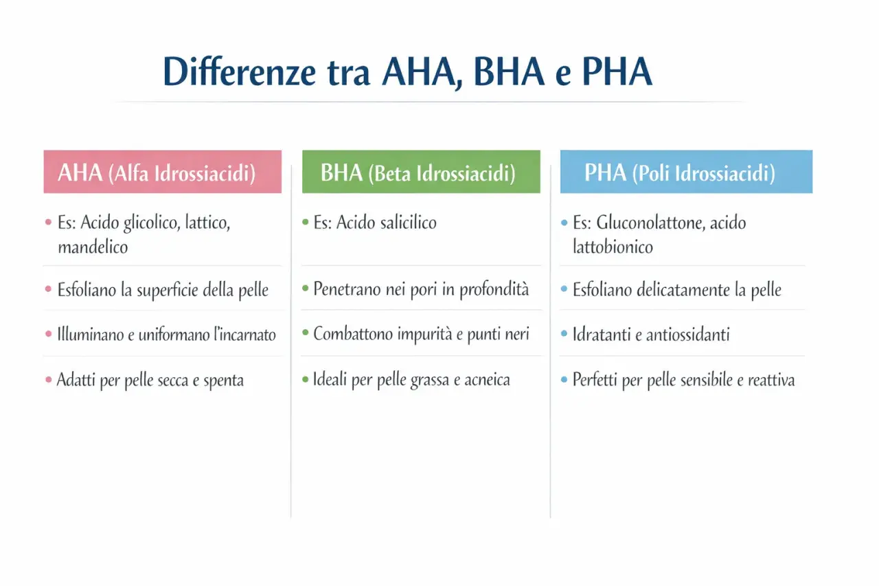Confronto AHA, BHA e PHA: scopri le differenze per la tua pelle. AHA per esfoliare e illuminare, BHA per purificare, PHA per idratare e lenire.