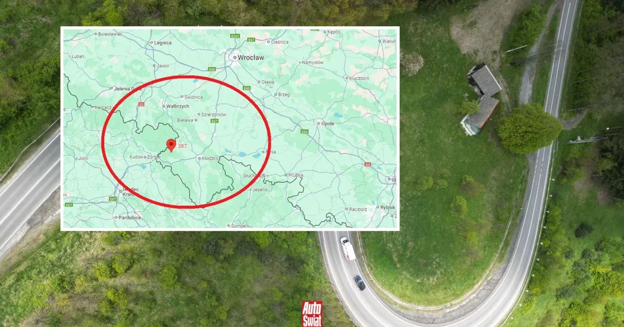 Mapa z zaznaczonym obszarem w okolicach Kłodzka i Kudowy-Zdroju, gdzie znajduje się droga stu zakrętów.