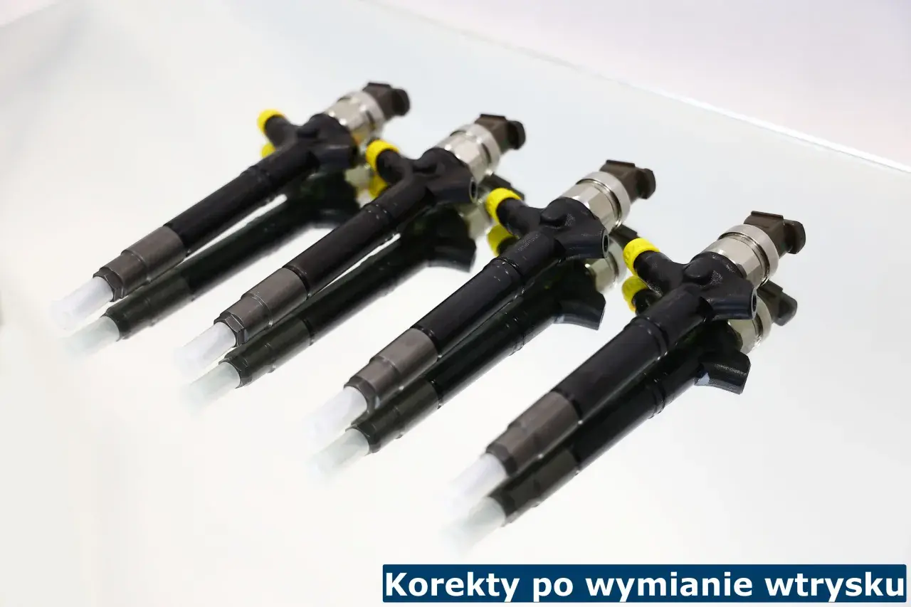 Cztery nowe wtryskiwacze diesla z żółtymi zatyczkami, gotowe do montażu, zapewniają prawidłowe wartości wtryskiwaczy.
