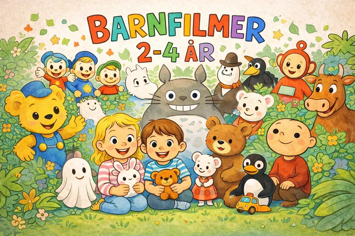 En glad samling figurer, inklusive Bamse och Totoro, omgivna av blommor och löv. Perfekt för bra barnfilmer 2-4 år.