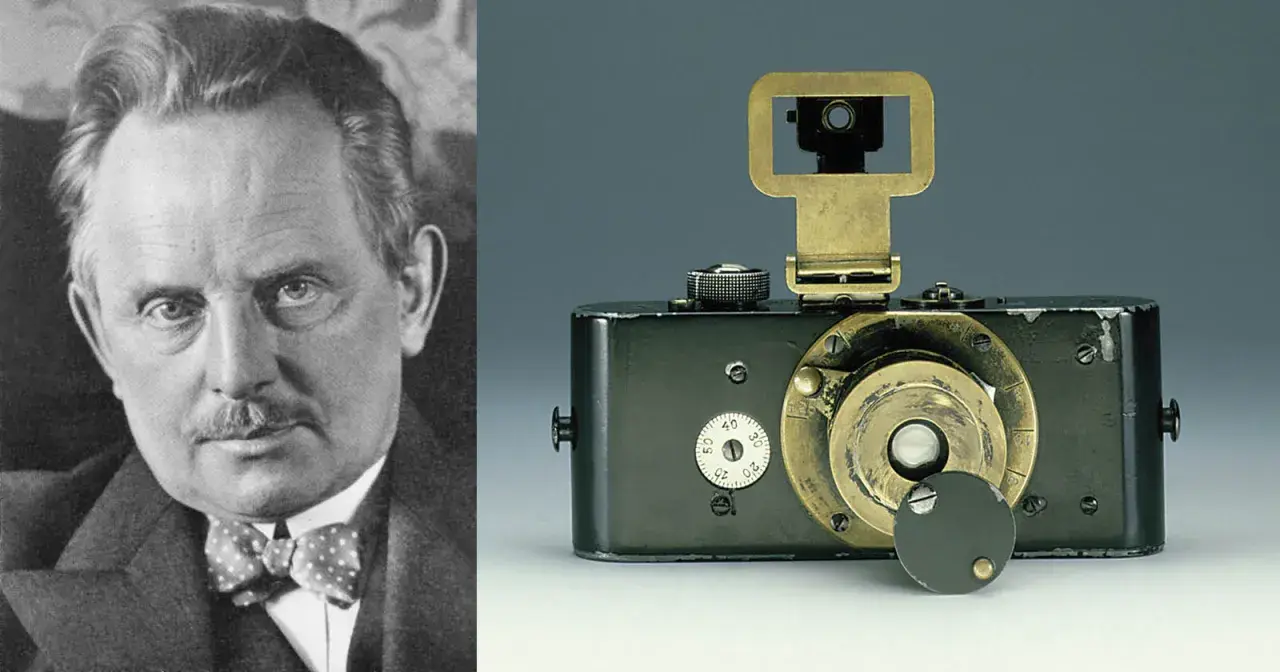 Portret Oskara Barnacka obok jego wynalazku – prototypu aparatu Leica, który zrewolucjonizował fotografię.