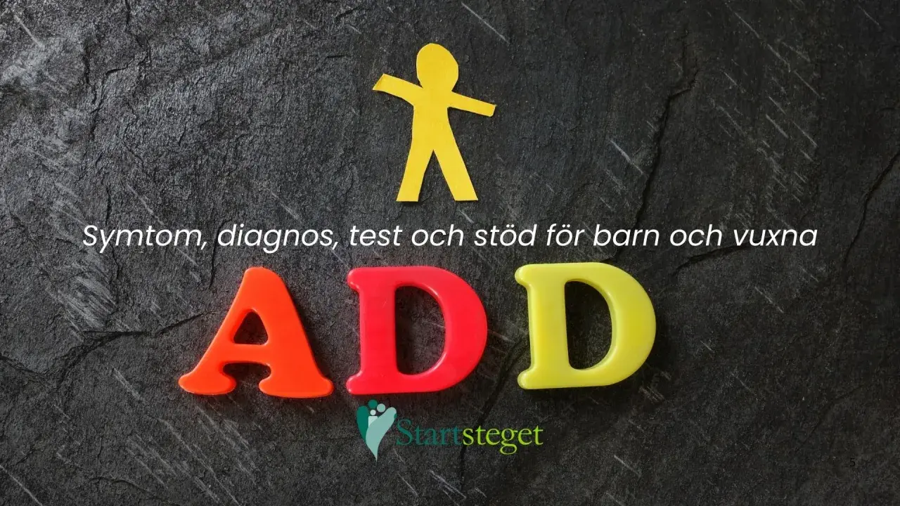 ADD-bokstäver, en gul figur och text om symtom, diagnos, test och stöd för barn och vuxna med sociala svårigheter.