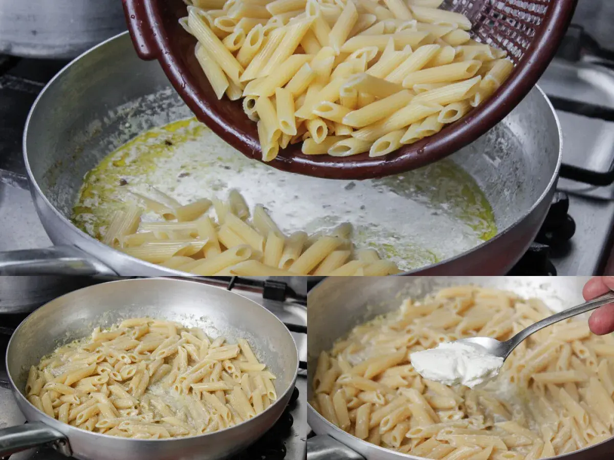 Makaron penne z sosem na bazie masła i śmietanki, do którego dodawana jest łyżka ricotty.