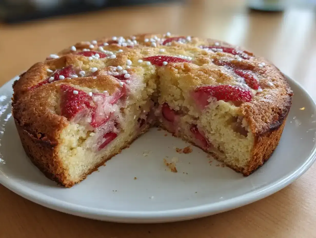 En saftig sockerkaka med jordgubbar, toppad med pärlsocker. Perfekt till fikat!
