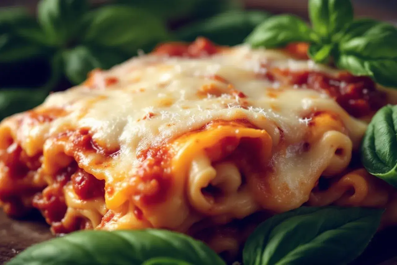 Lasagnes gratinées au fromage fondant, prêtes à rechauffer au four. Un délice italien entouré de feuilles de basilic frais.