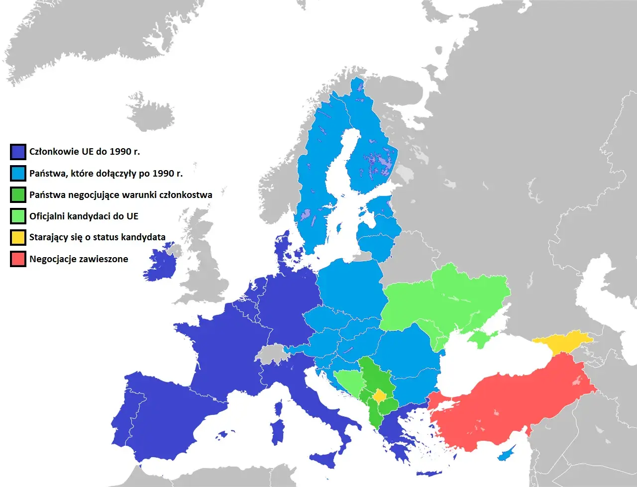 Mapa Europy z zaznaczonymi państwami członkowskimi UE, państwami, które dołączyły po 1990 r., negocjującymi warunki członkostwa, oficjalnymi kandydatami, starającymi się o status kandydata i państwami z zawieszonymi negocjacjami.