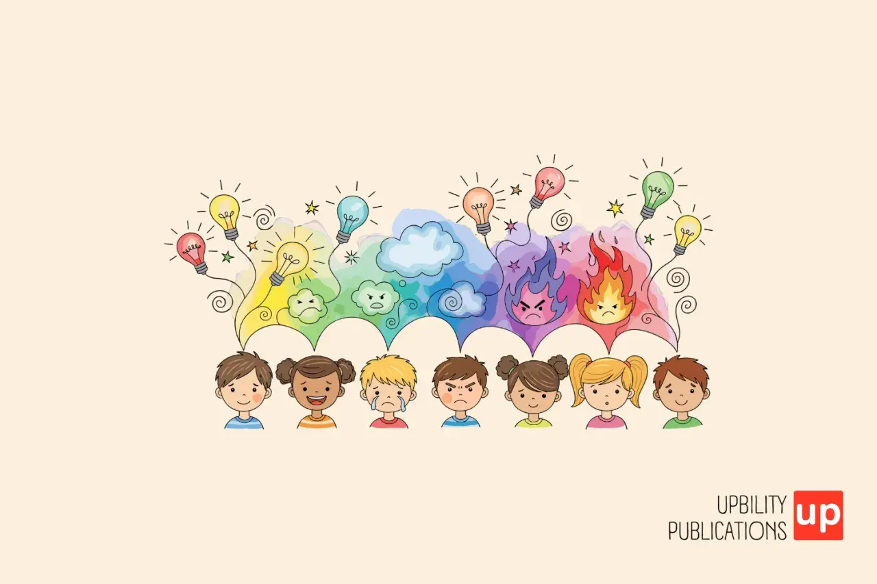 Ilustración de niños con diversas emociones, representadas por nubes de colores y bombillas encendidas.