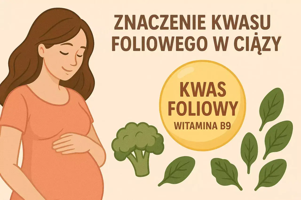 Kobieta w ciąży, brokuł, szpinak i symbol witaminy B9. Dowiedz się, ile kwasu foliowego w ciąży jest kluczowe dla zdrowia.