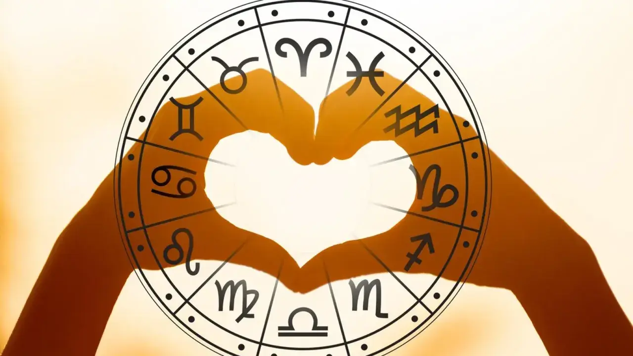 Dłonie tworzą serce na tle koła zodiaku, gdzie uran w koziorożcu symbolizuje przełom w dążeniu do celu.