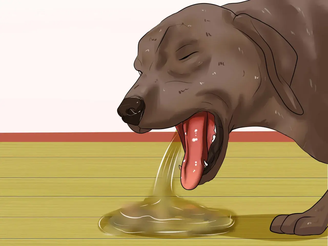 Un perro con la boca abierta y la lengua fuera, vomitando líquido amarillento. Una señal de cómo saber si un perro está deshidratado.