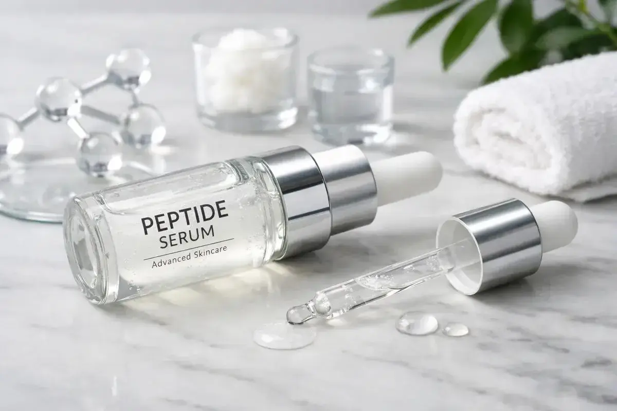 Peptydy na twarz w luksusowym serum. Szklana buteleczka z pipetką, krople na marmurowym blacie, ręcznik i zielone liście w tle.