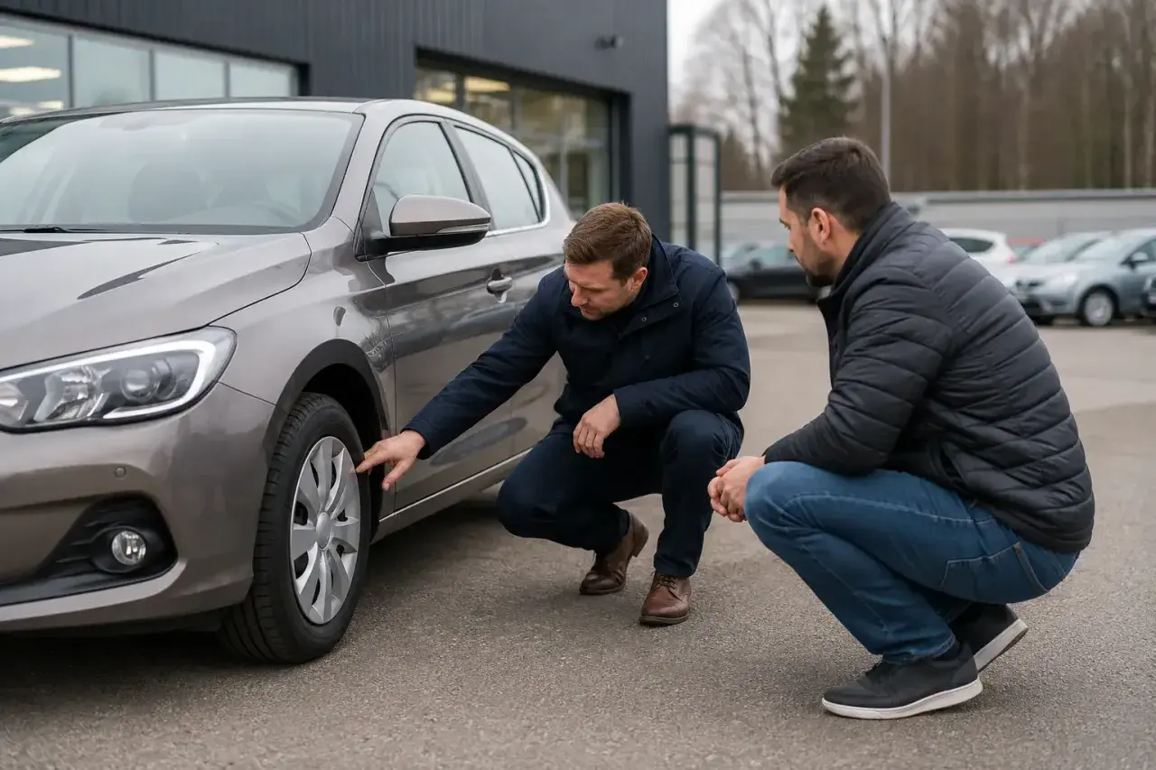 Två män inspekterar en bil. En av dem pekar på däcket, kanske för att diskutera ett serviceprotokoll för bilen.