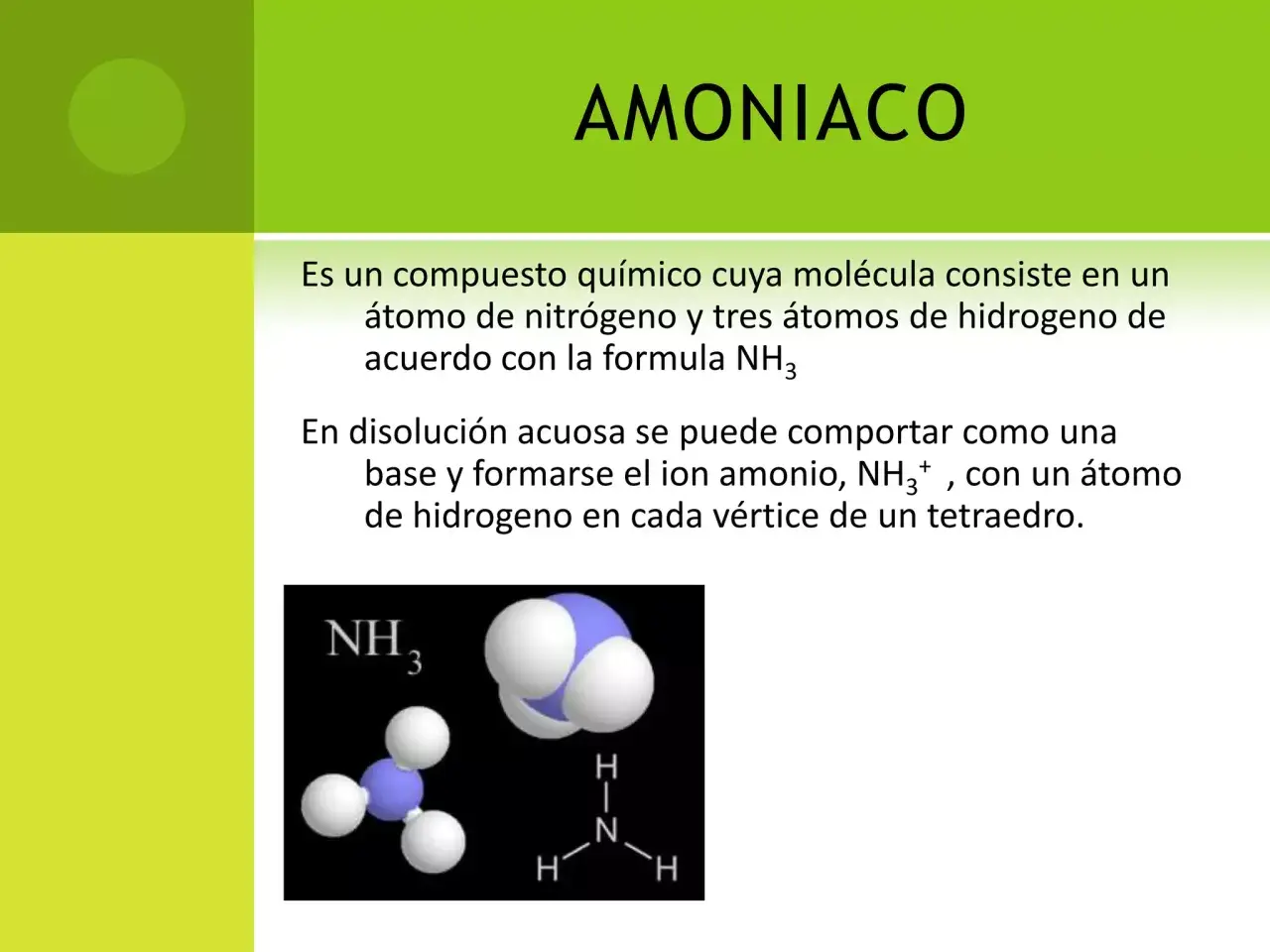 Molécula de amonio (NH₃) con un átomo de nitrógeno y tres de hidrógeno. En disolución, forma el ion amonio.