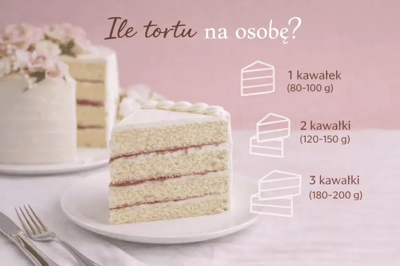 Elegancki tort na 30 osób, z porcją 1-3 kawałków na gościa.