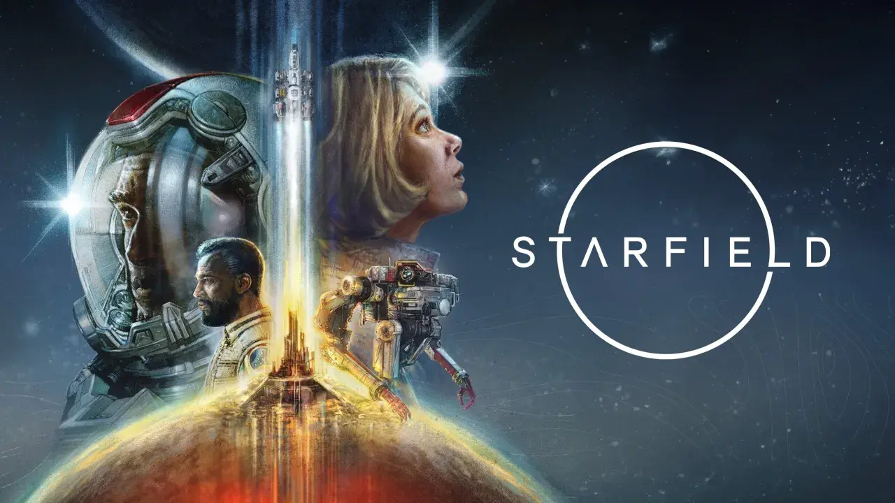 Visuel de Starfield : un astronaute, une femme regardant vers le ciel, un robot et un vaisseau spatial s'élèvent d'une planète.