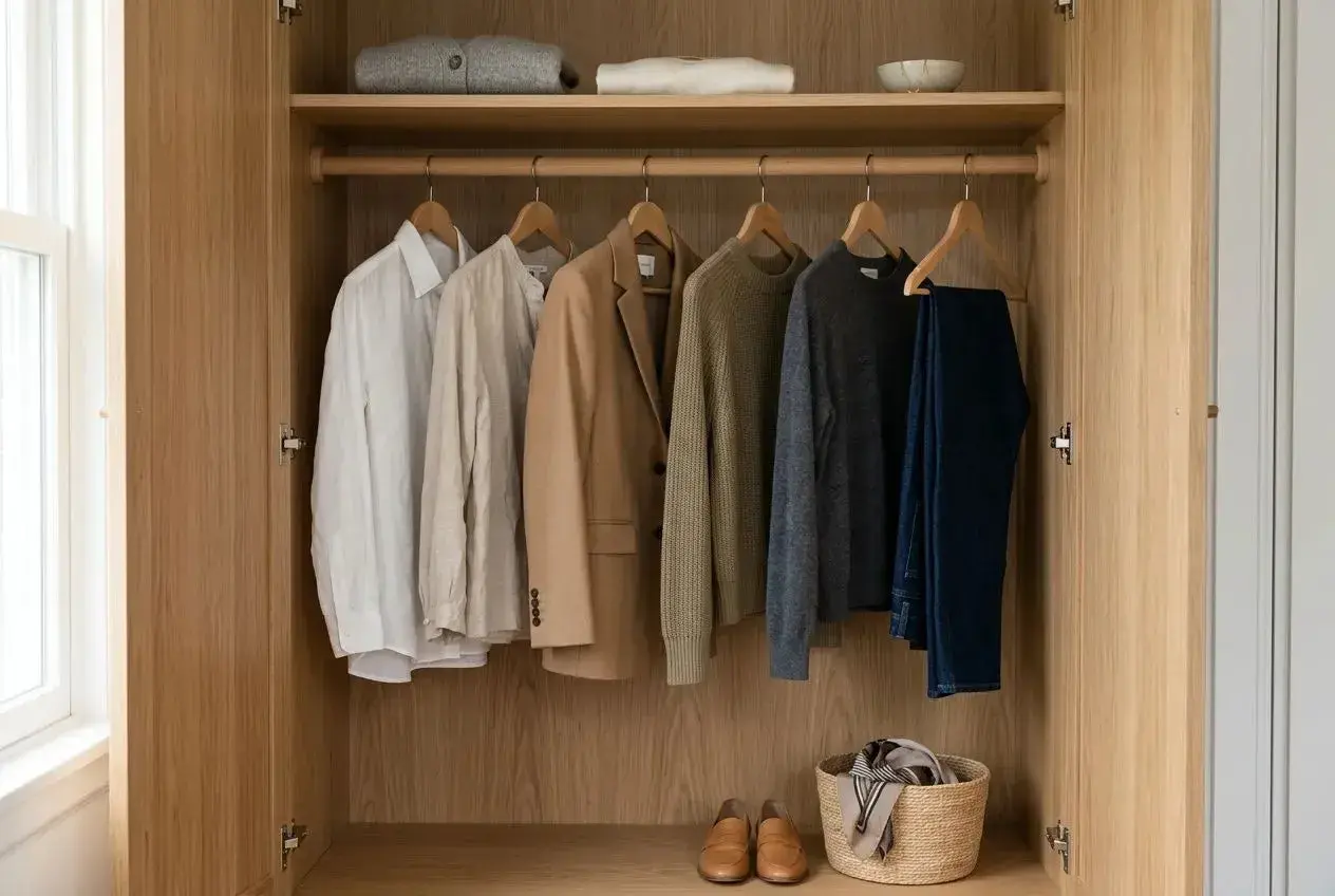 Garde-robe en bois clair, organisée avec des vêtements de couleur sobre : chemises, veste, pulls et jean. Chaussures et panier en osier au sol.