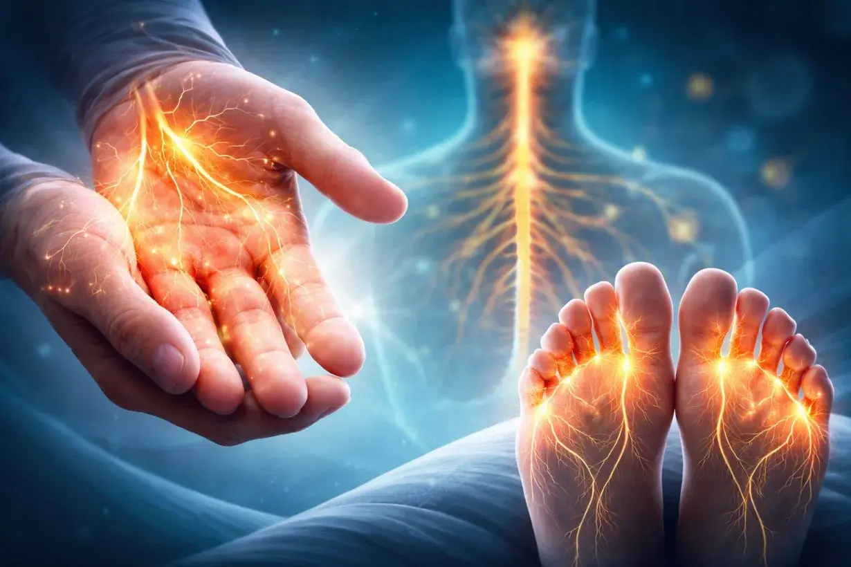 Mani e piedi con un formicolio elettrico, che simboleggia la connessione nervosa e la sensibilità.