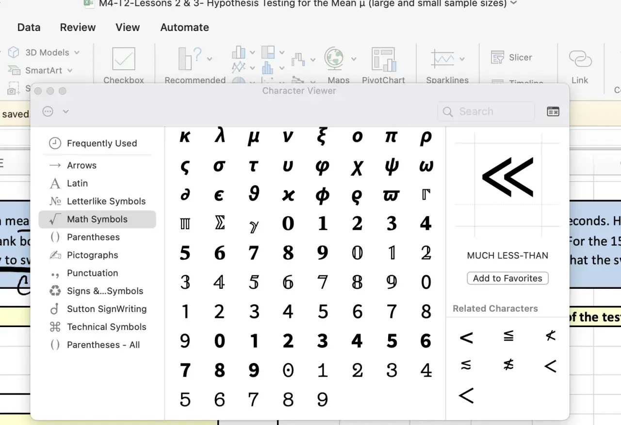Finestra "Visualizzatore caratteri" in Excel, con la sezione "Simboli matematici" attiva, utile per come vedere la versione di Excel.