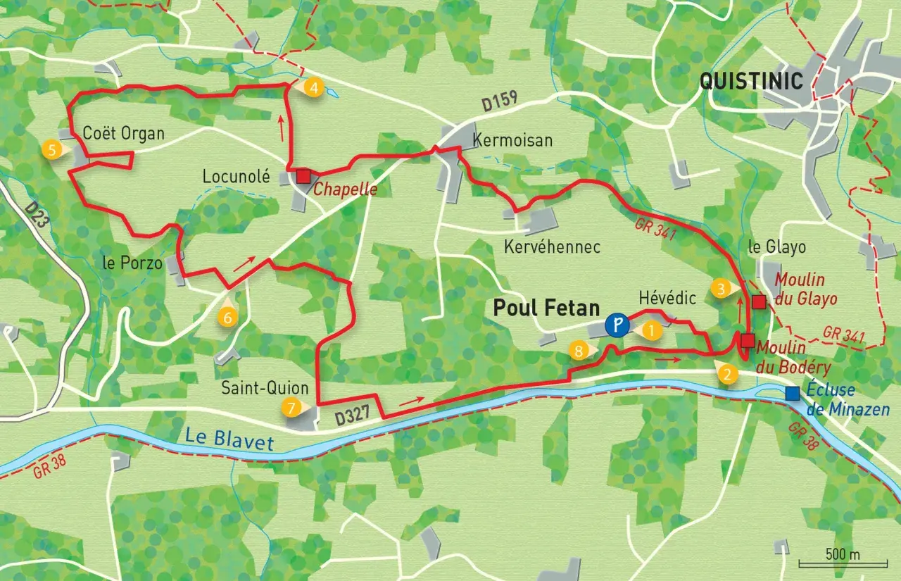 Carte de randonnée de Poul Fetan, avec un itinéraire balisé en rouge traversant des lieux-dits, des moulins et le Blavet.